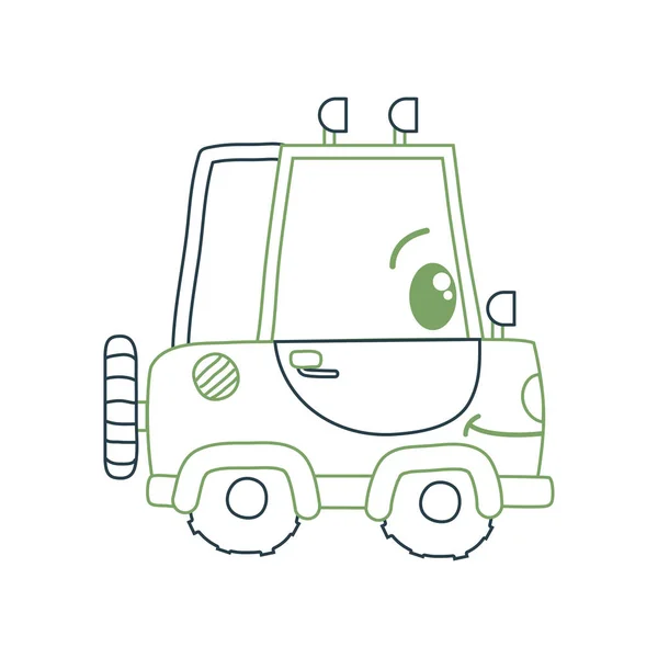 Farblinie Kawaii Happy Traktor Fahrzeug Transport Vektor Illustration — Stockvektor