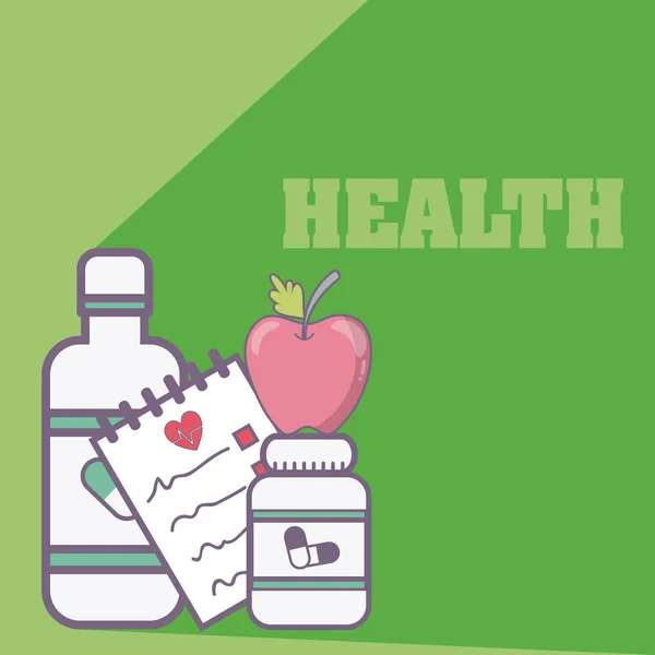 Gezondheid Geneeskunde Fles Met Voorschrift Apple Vector Illustratie Grafisch Ontwerp — Stockvector