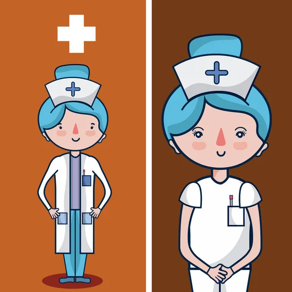 カラフルな背景ベクトル イラスト グラフィック デザインにかわいい看護師漫画コンセプト — ストックベクタ