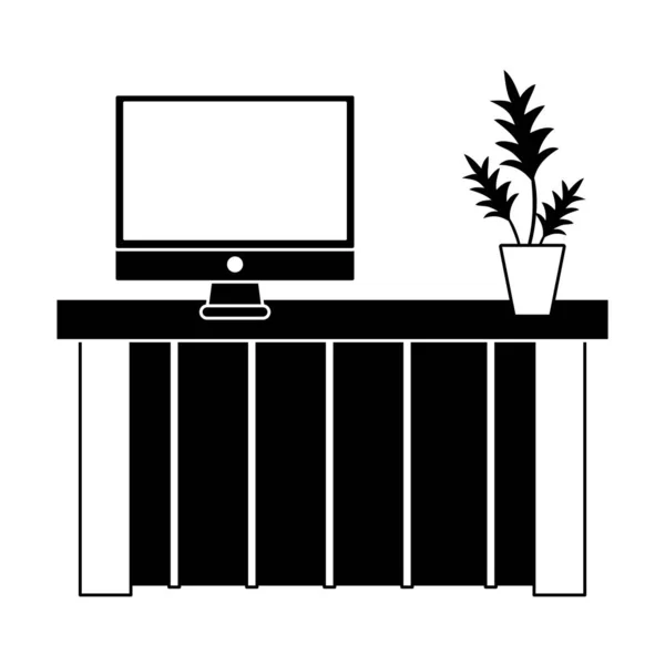 Contour Wood Desk Computer Screen Plant Vector Illustration — Stock Vector