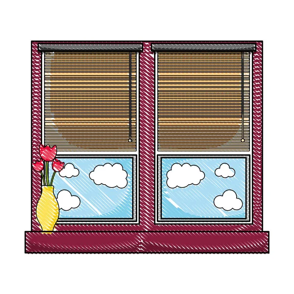 Gitterfenster Mit Blindem Vorhang Und Fower Inneren Des Glasvektors Illustration — Stockvektor