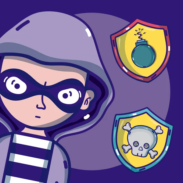 Hacker Con Virus Ciberdelitos Símbolos Dibujos Animados Vector Ilustración Diseño — Vector de stock