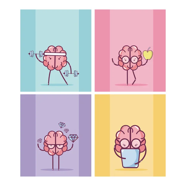 Conjunto Tarjetas Dibujos Animados Del Cerebro Vector Ilustración Diseño Gráfico — Archivo Imágenes Vectoriales