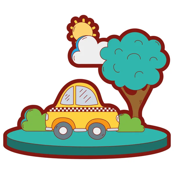 ツリーのベクトル図が付いている都市のライン色タクシー車サービス — ストックベクタ