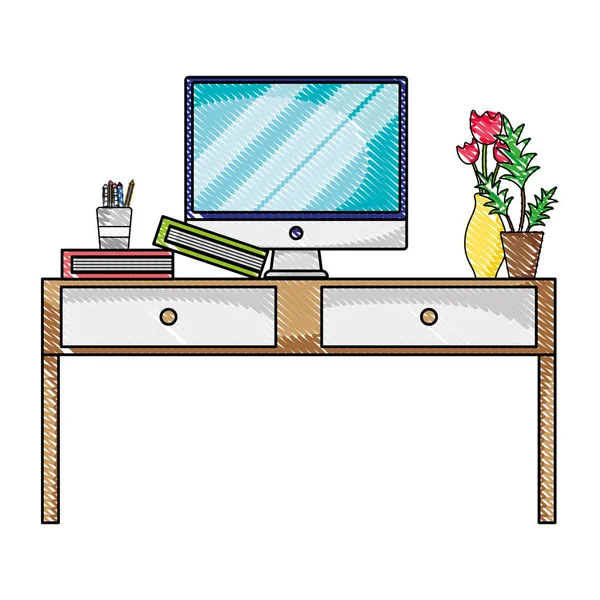 Grated Wood Desk Object Drawers Computer Vector Illustration — Stock Vector