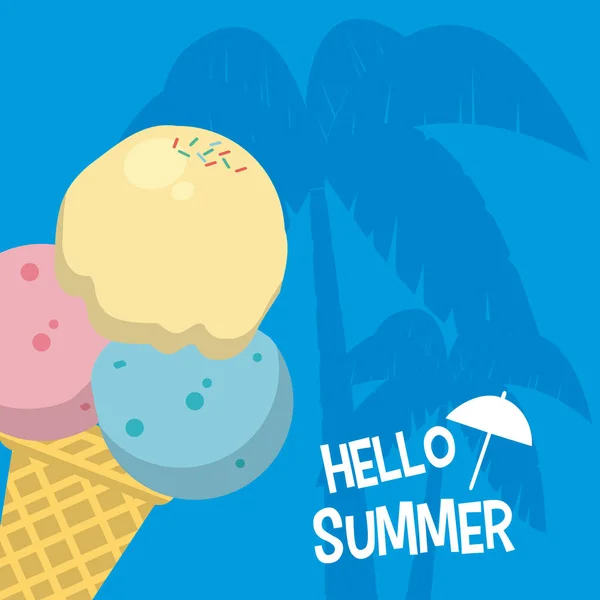 Olá Cartão Verão Com Sorvete Cone Palmas Desenhos Animados Desenho — Vetor de Stock