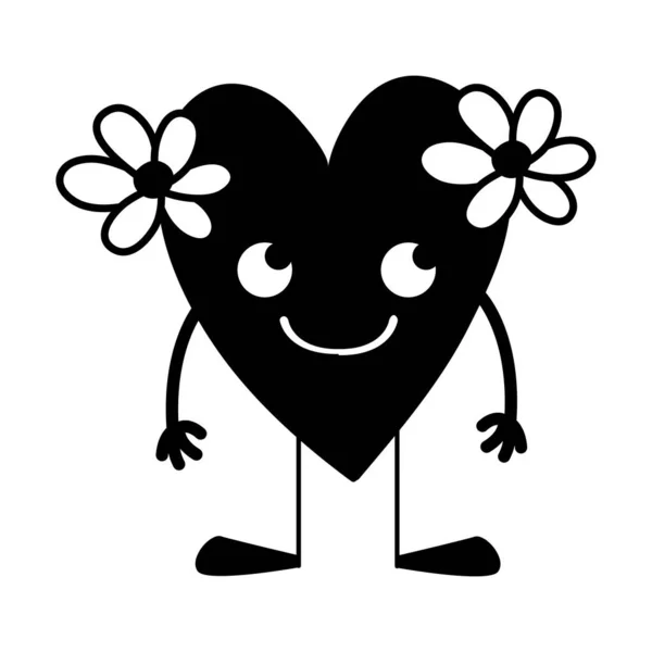Obrysový Úsměv Srdce Květinami Kawaii Rukama Nohama Vektorové Ilustrace — Stockový vektor