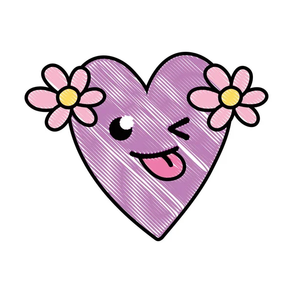 Corazón Divertido Rallado Con Flores Kawaii Ilustración Vector Dibujos Animados — Archivo Imágenes Vectoriales