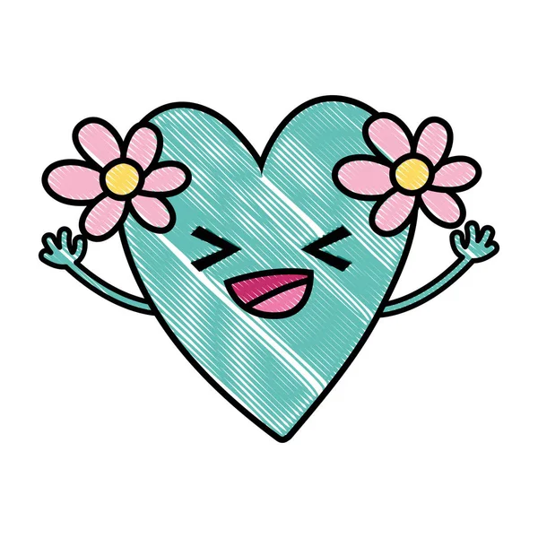 Coeur Heureux Râpé Avec Des Fleurs Dessin Animé Kawaii Vecteur — Image vectorielle