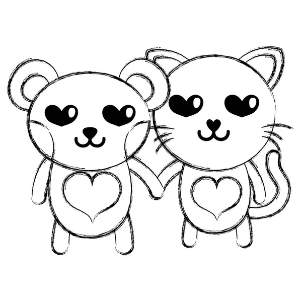 Figure Enamored Bear Cat Couple Animals Vector Illustration — Stock Vector