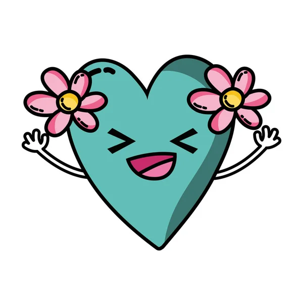 Corazón Feliz Con Flores Kawaii Ilustración Vector Dibujos Animados — Archivo Imágenes Vectoriales