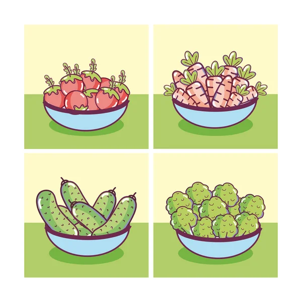 Set Sayuran Mangkuk Kartun Koleksi Kartu Vektor Gambar Desain Grafis - Stok Vektor