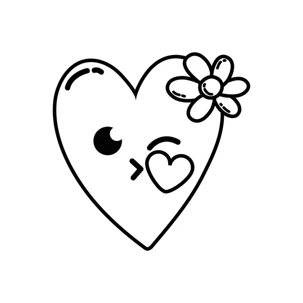 Linea Bacio Cuore Con Fiori Kawaii Cartone Animato Vettoriale Illustrazione — Vettoriale Stock