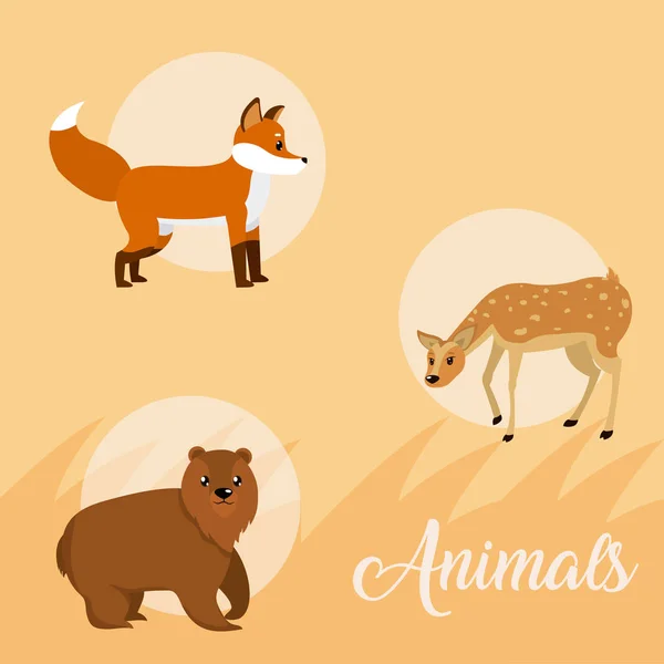 Niedliche Tiere Runde Symbole Cartoons Über Bunte Hintergrund Vektor Illustration — Stockvektor