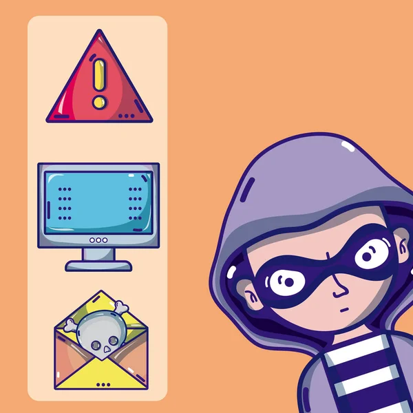 Pirate Informatique Avec Des Cybercrimes Des Symboles Virus Dessins Animés — Image vectorielle