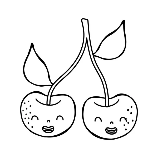 Línea Linda Cerezas Kawaii Sonrisa Fruta Vector Ilustración — Vector de stock