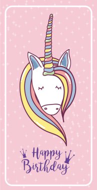 Mutlu Doğum günü kartı ile şirin tek boynuzlu atlara fantazi karikatürler vektör illüstrasyon grafik tasarım