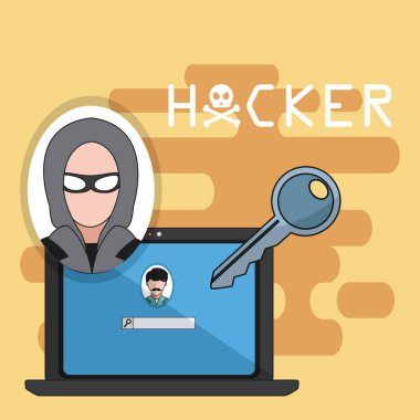 Hacker dizüstü bilgisayar ve anahtar vektör çizim grafik tasarım
