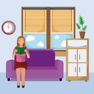 Kadın eve vektör çizim grafik tasarımdan bir kitap okuma