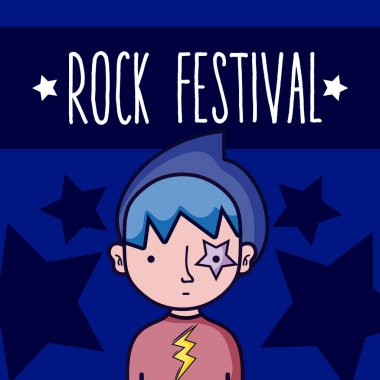 Rock Festivali adam karikatür kavramı üzerinde renkli arka plan vektör çizim grafik tasarım