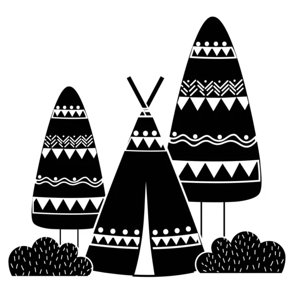 Σιλουέτα Εθνοτικές Camp Εικονογράφηση Φορέα Φυτών Δέντρων Και Θάμνων — Διανυσματικό Αρχείο