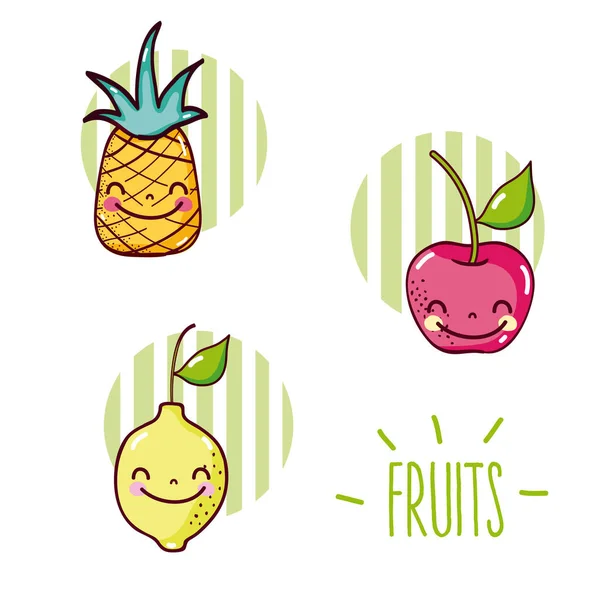 Ensemble Dessins Animés Fruits Mignons Icônes Rondes Illustration Vectorielle Conception — Image vectorielle