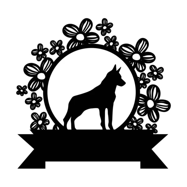 Contorno Cão Animal Dentro Círculo Rústico Flores Design Vetor Ilustração —  Vetores de Stock