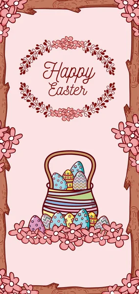 Glücklich Ostern Karte Mit Eiern Korb Cartoon Vektor Illustration Grafik — Stockvektor