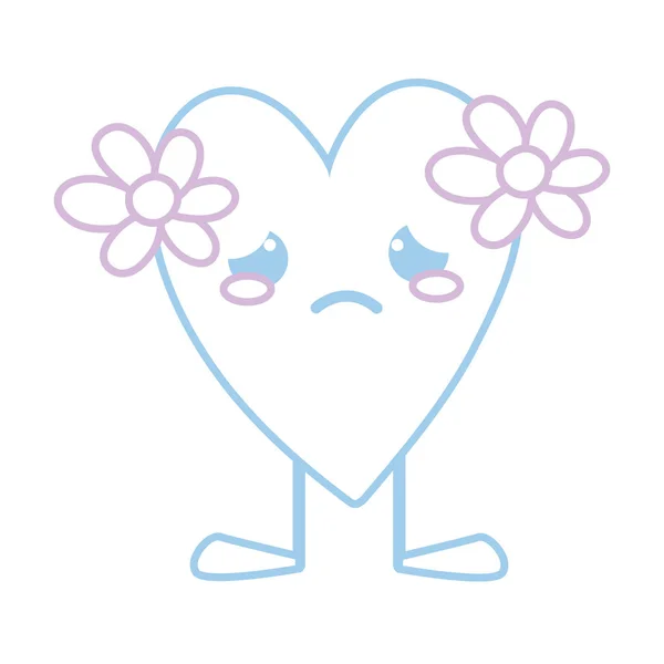 Cor Linha Choro Coração Com Flores Kawaii Pernas Vetor Ilustração — Vetor de Stock