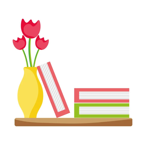 Houten Plank Met Bloemen Kruik Boeken Vectorillustratie — Stockvector