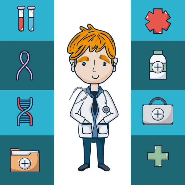 Läkare Med Medicinska Symboler Tecknade Vektor Illustration Grafisk Design — Stock vektor