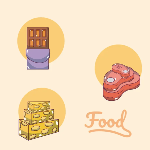 Conjunto Dibujos Animados Alimentos Símbolos Redondos Vector Ilustración Diseño Gráfico — Vector de stock