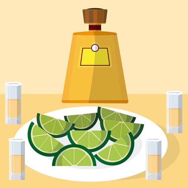 Tequila Flasche Mit Aufnahmen Vektor Illustration Grafik Design — Stockvektor