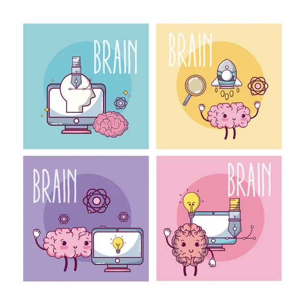 Hersenen Cartoons Kleurrijke Vierkante Kaders Vector Illustratie Grafisch Ontwerp — Stockvector