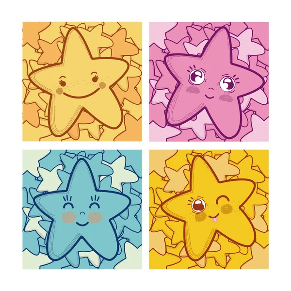 Conjunto Estrelas Bonitos Desenhos Animados Quadros Quadrados Ilustração Vetorial Design — Vetor de Stock