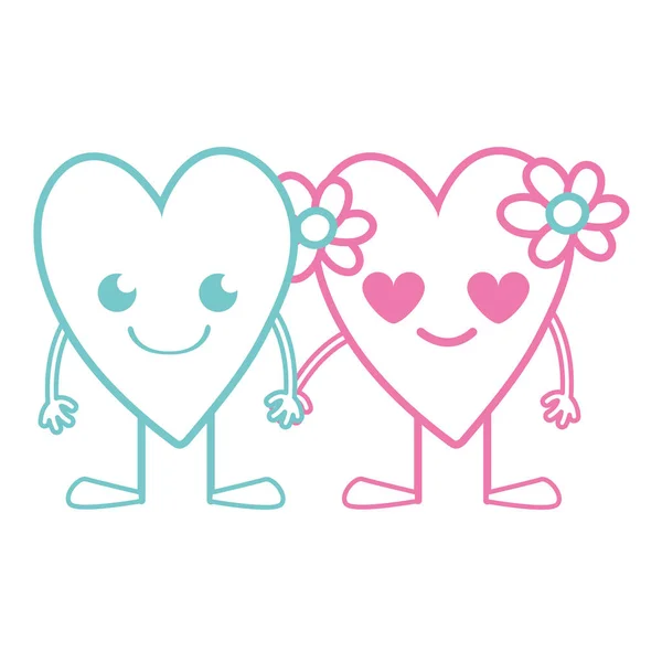 Ligne Couleur Beaux Coeurs Couple Kawaii Avec Bras Jambes Illustration — Image vectorielle