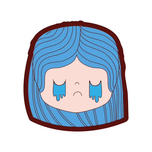 Line Color Girl Head Hairstyle Crying Face Vector Illustration — Stock Vector