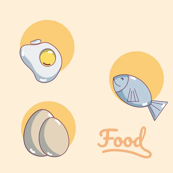 Conjunto Dibujos Animados Alimentos Símbolos Redondos Vector Ilustración Diseño Gráfico — Vector de stock