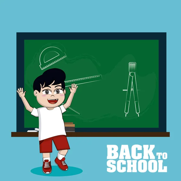 Leuke School Jongen Voorkant Schoolbord Vector Illustratie Grafisch Ontwerp — Stockvector