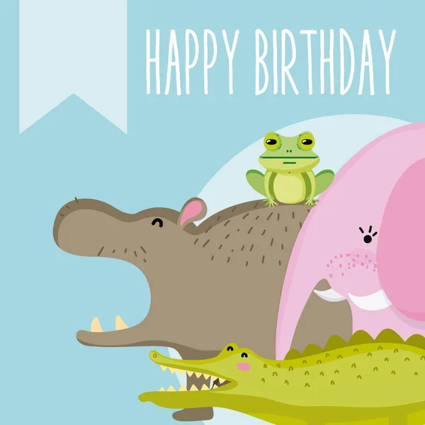 可爱的动物快乐生日卡可爱的卡通矢量插图图形设计 — 图库矢量图片