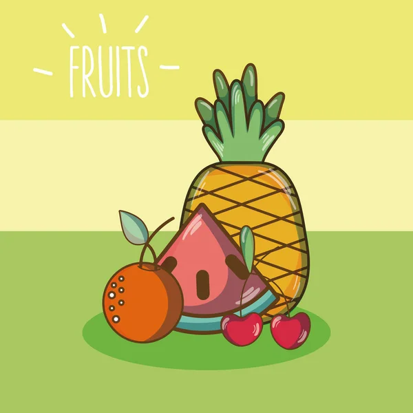 Dessins Animés Fruits Doux Sur Fond Coloré Illustration Vectorielle Conception — Image vectorielle