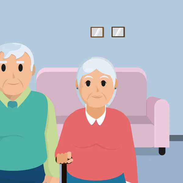 Couple Grands Parents Mignons Dans Chambre Illustration Vectorielle Conception Graphique — Image vectorielle