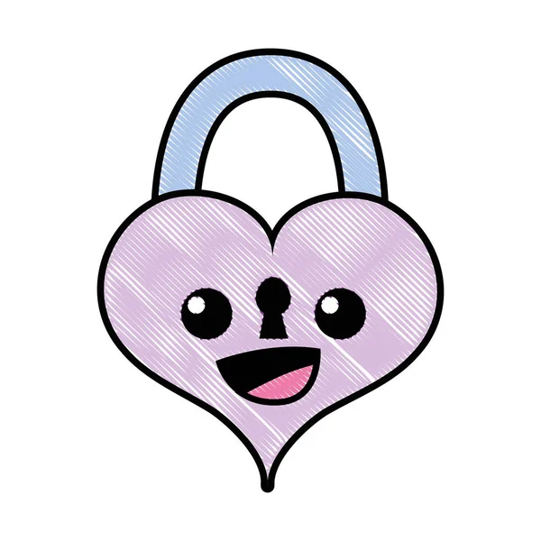 Grated Happy Cute Heart Padlock Kawaii Vector Illustration — Stock Vector