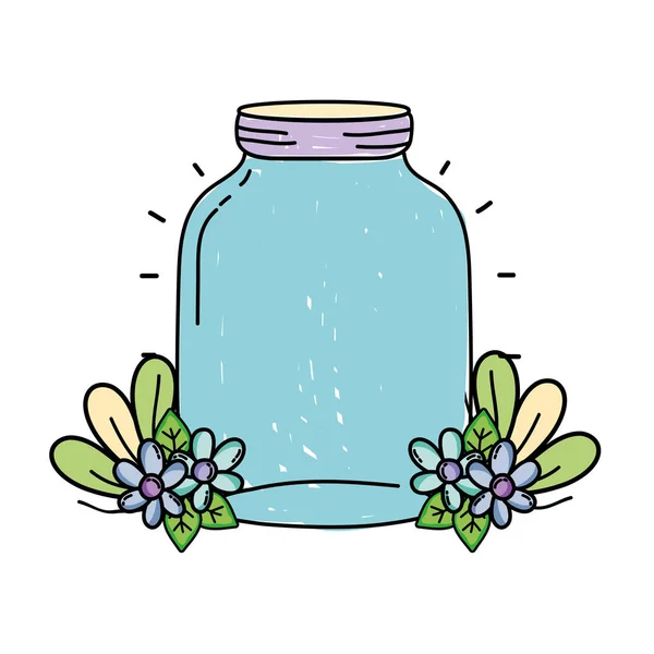 Mittlere Maurerglas Mit Blumen Und Blättern Vektorillustration — Stockvektor