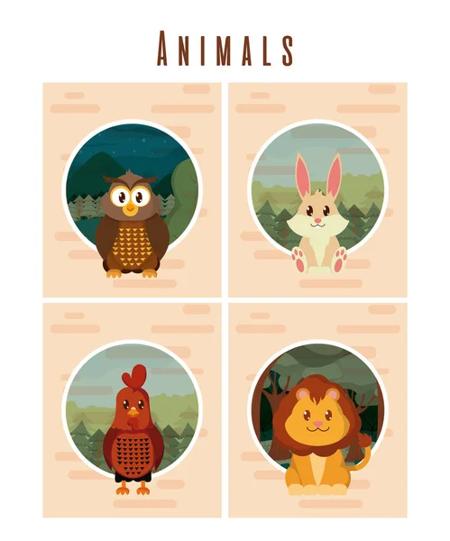 Set Cute Animals Cards Vector Illustration Graphic Design — Stock Vector