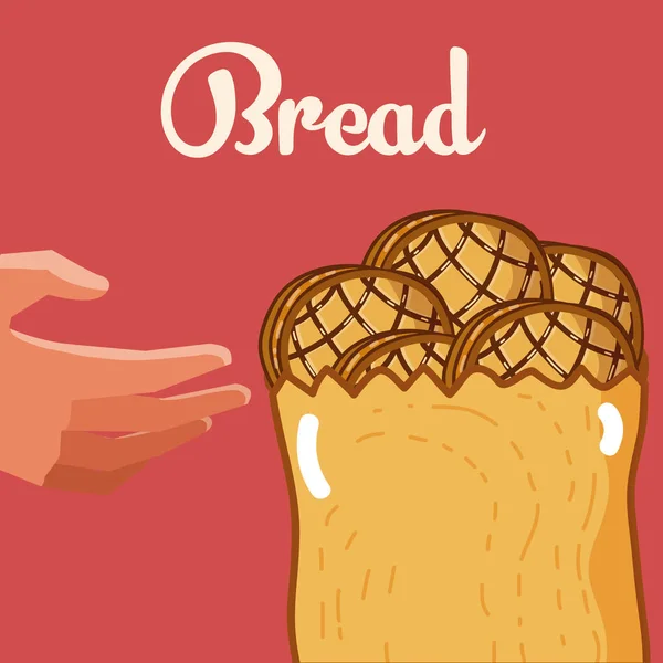 Rękę Chwytając Pyszne Chleby Wewnątrz Torba Wektor Ilustracja Projekt Graficzny — Wektor stockowy