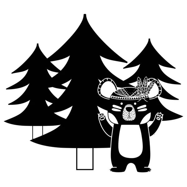 Silueta Etnické Medvěd Zvíře Borovými Stromy Vektorové Ilustrace — Stockový vektor