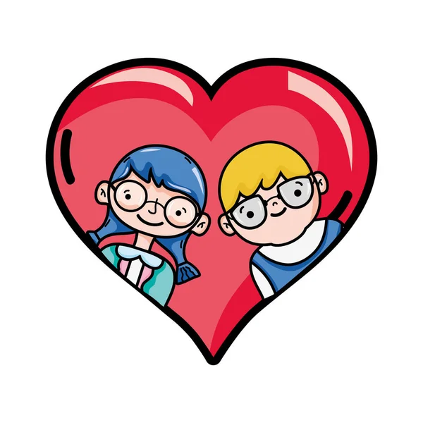 男孩和女孩与眼镜在心脏设计向量例证 — 图库矢量图片