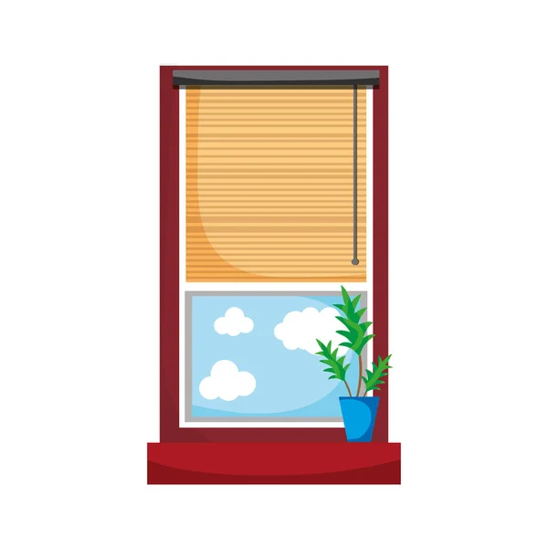 Fenster Mit Geöffnetem Vorhang Und Pflanzenvektorillustration — Stockvektor