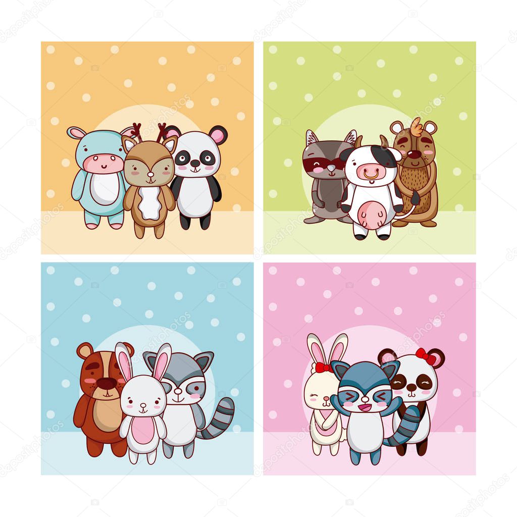 Set of cute animals cartoons in colorful frames